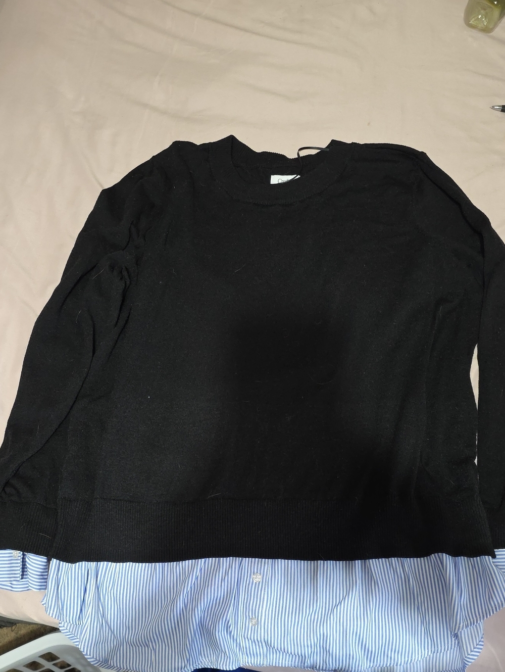 croft & barrow Black Layered-Look Sweater with Blue Stripe Hem
